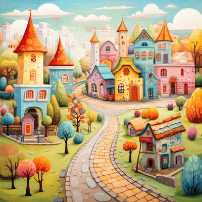 Whimsical colorful village illustration for children’s storybook