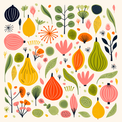 Artsy repeatable pattern with fruits and vegetables in pastel colors