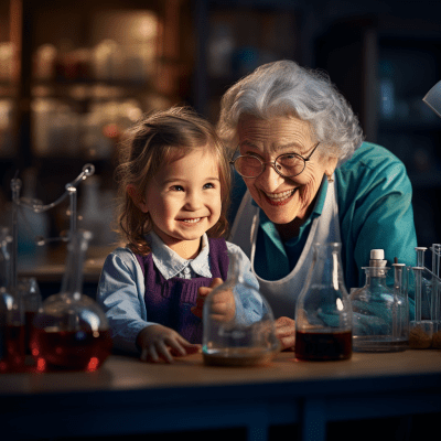 Child and grandma exploring a science lab with joy and curiosity
