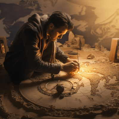 Steampunk war portrait of man building a nation with sand