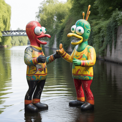 Kokopelli and Kuchi Kopi figures on a date at Berlin Canal