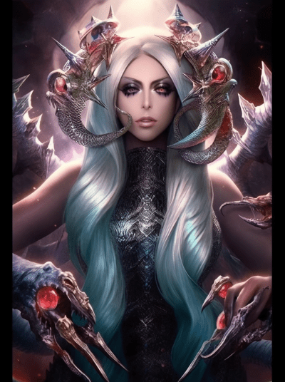Lady Gaga as tarot card goddess surrounded by monsters in dark fantasy art