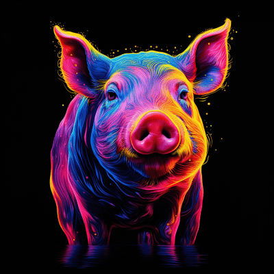 Black velvet pig under neon glow in a vibrant, colorful setting