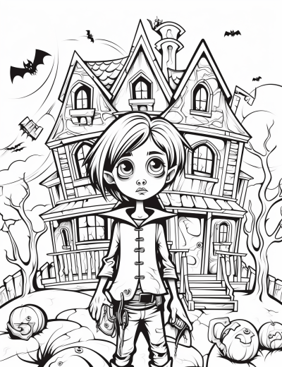Spooky girl and boy in haunted gothic house coloring page
