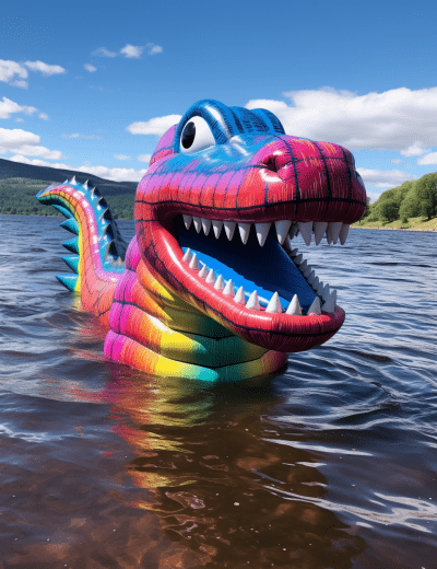 Vibrant illustration of Loch Ness Monster swimming in sunny Scotland