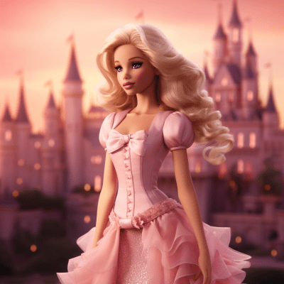 Blond ballerina girl in pink outfit at romantic castle backdrop