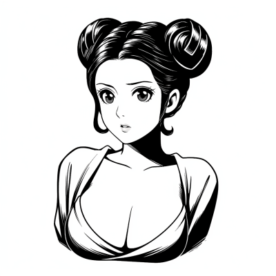 Stylized black and white vector of a woman resembling Princess Leia