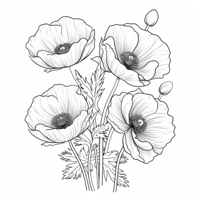 Black and white poppy flower coloring book page with simple style