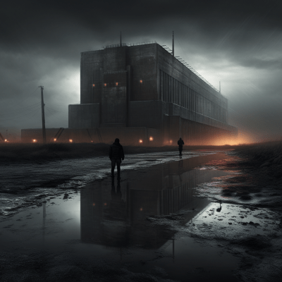 Dystopian landscape with dark warehouse by artist @bdollhall
