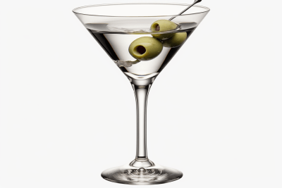 Clipart of half-full martini glass with olive on white background
