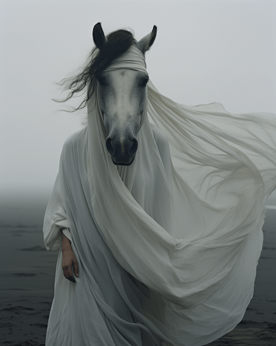 Majestic dark horse with white scarf on a misty beach