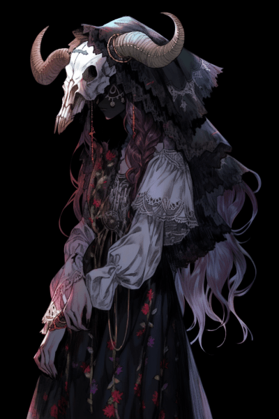 Horrifying image of horned woman with rotting flesh on dark background
