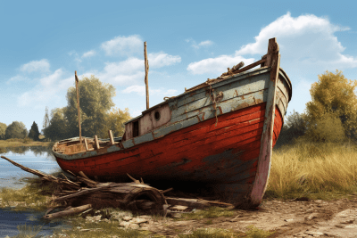 Weathered old boat on a field by the water with vibrant red and brown tones