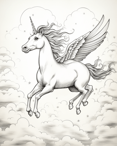 Black and white kids style illustration of flying unicorn