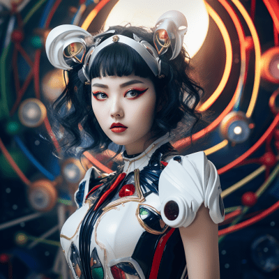 Japanese android girl in Sailor Moon cosplay with sci-fi backdrop