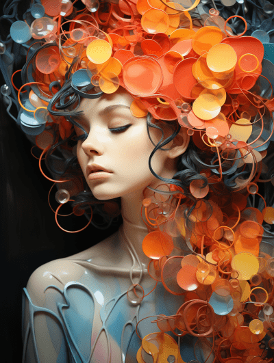 Artsy image of a girl with abstract alcohol ink and metallic circles