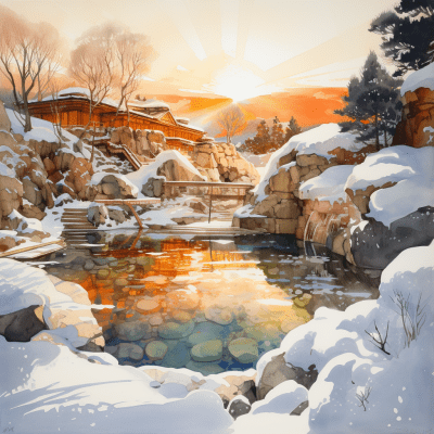 Serene winter hot springs with snow-covered mountains and warm hue
