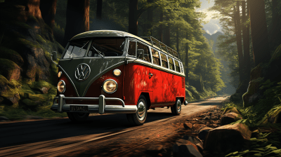 Red VW bus on forest road with sunlight streaming through trees