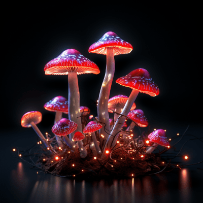 Whimsical magic mushrooms glowing on a stark black background