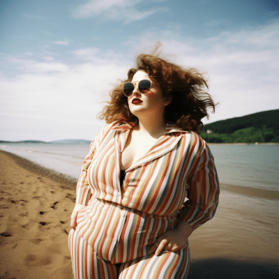 Confident plus-size woman standing on the shore looking at viewer