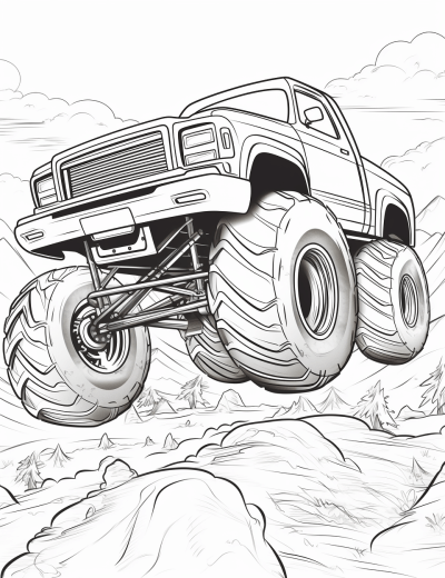 Cartoonish monster truck in mid-air at a freestyle event sketch
