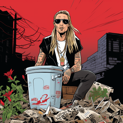 Vibrant cartoon of tall man with blonde hair in edgy rap rock style