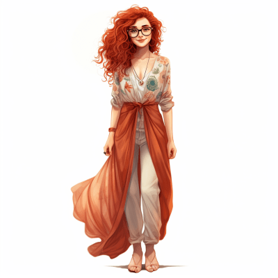 Cartoon of redheaded woman with frizzy hair in bohemian dress