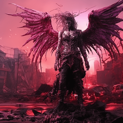 Photorealistic devil and angel in a surreal pink and purple destroyed world