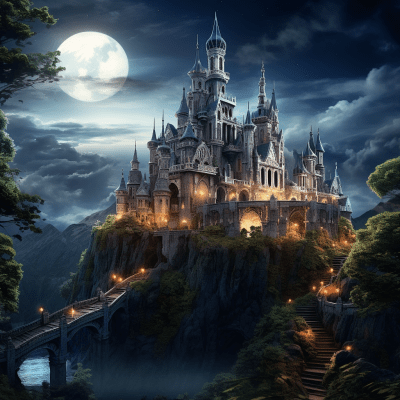 Mystical elven castle illustration in a grimdark medieval setting