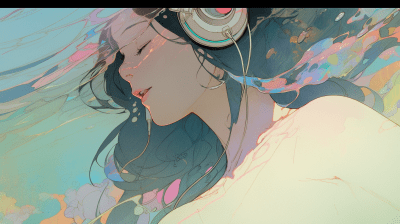 Anime girl with closed eyes enjoying music underwater in pastel tones