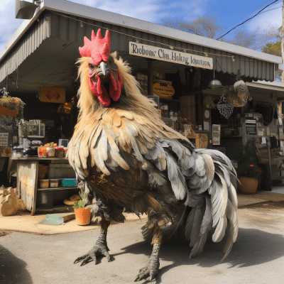 Whimsical drunken chicken blocking small-town store entrance