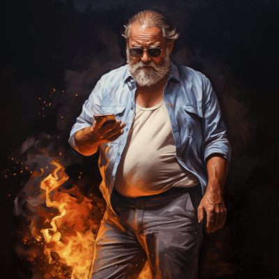 Elderly man looking grumpy with smartphone, pants humorously on fire