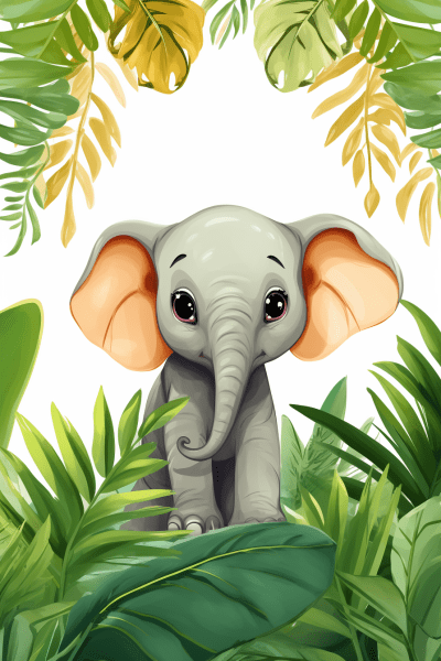 Boho style baby elephant and parrot in a green leafy safari