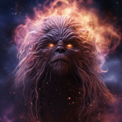 Aughra from The Dark Crystal surrounded by cosmic flames