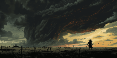 Menacing cloud with claw-like extensions over land in a sci-fi scene