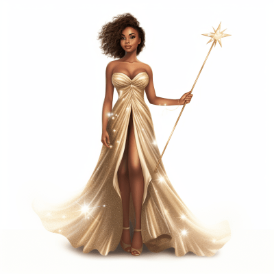 African American woman in gold dress with magic wand on white background