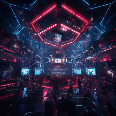 Futuristic dystopian dance club with neon lights and diverse crowd