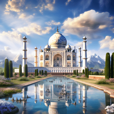 Taj Mahal with Himalayas and waterfall in photorealistic art