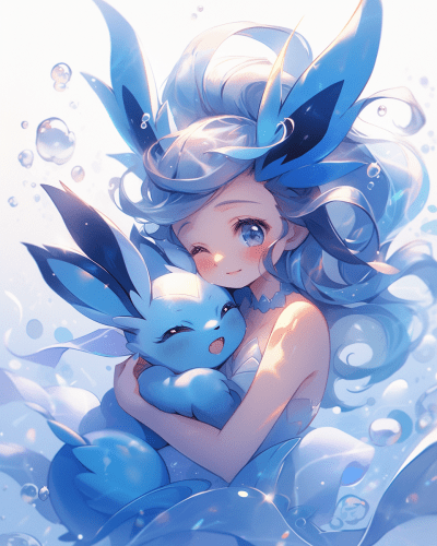Misty scene with cute Vaporeon surrounded by water in a dreamy look