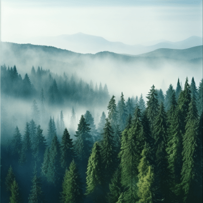 Serene mountain slope with evergreens shrouded in mist