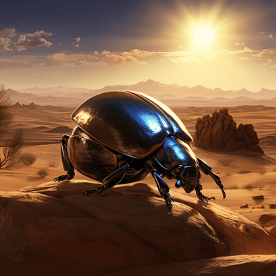 Surreal dung beetle with radiant gem wandering in vast desert
