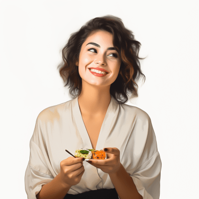 Woman happily eating sushi on a white background with vibrant style