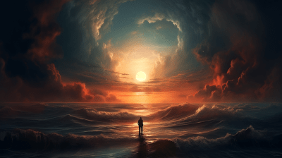 Fantasy art of sunset with dark clouds and man on seashore