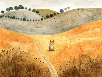 Top view illustration of a corgi walking in a textured field