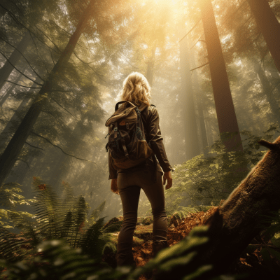 Blonde female hunter in a sunlit giant forest with a cinematic feel
