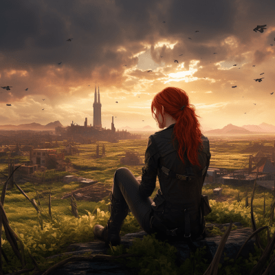 Dystopian artwork with red-headed girl in barren farmland and broken city