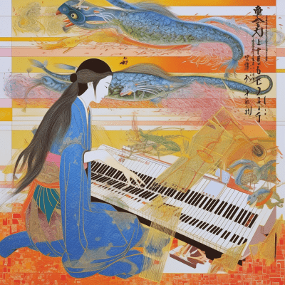 Japanese Art Cartel with Musicians and Vibrant Hokusai Elements