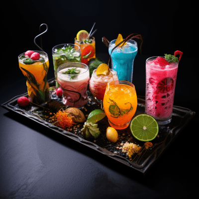 Whimsical collection of vibrant, fantastical cocktails on a tray