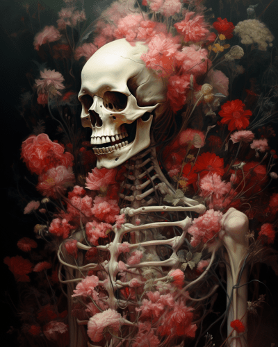 Ribcage skeleton transforming into a lush garden with flowers