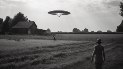 1950s man meeting alien on farm in hyperrealistic black and white photo